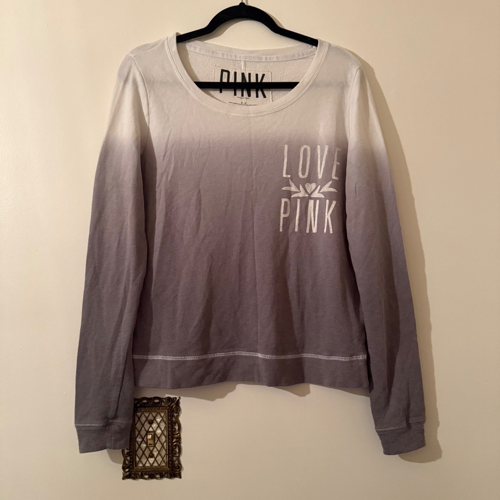 Victoria's Secret PINK Ombre Long Sleeve Pullover Gray White Love Pink Graphic M
